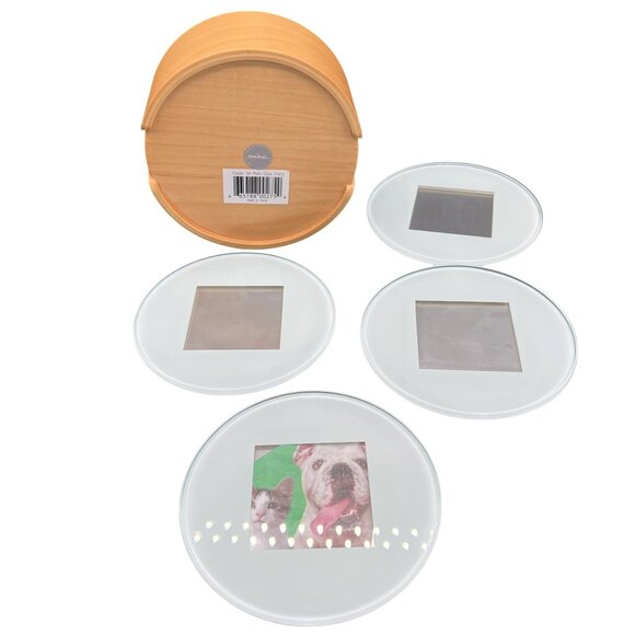 Swing Coaster Set Photo Glass Cherry Wood Holder Family Pictures Gift Exchange - Picture 4 of 7
